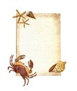 Watercolor illustration with marine life, crabs, shells, starfish on the background of aged paper. Royalty Free Stock Photo