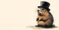 Watercolor illustration of a marmot in a top hat on a light background