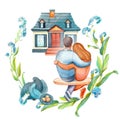 Watercolor illustration of a married couple, lovers hug and look at their home.