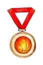 Watercolor illustration medal award basketball. Gold medal with an orange ball, on a red ribbon.