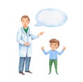 Watercolor illustration men doctor pediatrician tells child boy. illustration of a children`s doctor