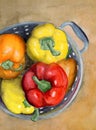 Watercolor illustration of a metal colander with yellow, red and orange sweet peppers