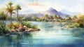 Watercolor Illustration Of Mexico\'s Lagoon: Palms, Mountains, And Delicate Landscapes Royalty Free Stock Photo