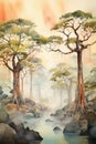 Watercolor illustration of a misty forest with mangrove trees and river