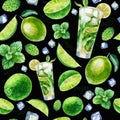 Watercolor illustration, mojito cocktail pattern. Glass with a mojito cocktail, pieces of ice, lime and lime slices, mint, mint Royalty Free Stock Photo