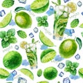 Watercolor illustration, mojito cocktail pattern. Glass with a mojito cocktail, pieces of ice, lime and lime slices, mint, mint Royalty Free Stock Photo