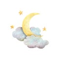 Watercolor illustration of the moon in clouds with stars. The composition is cute, cartoon, isolated. For design