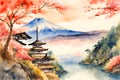 Watercolor illustration of Fuji Mountain and cherry blossoms in Japan.