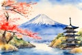 Watercolor illustration of Fuji Mountain and cherry blossoms in Japan.