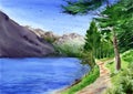 Watercolor illustration of a mountain lake with distant mountains and a lake shore