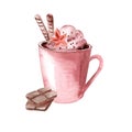 Watercolor illustration of a mug of cocoa and a slice of black bitter chocolate