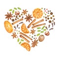 Watercolor illustration of mulled wine ingredients: oranges, anise stars, pepper, cloves, nuts and cinnamon sticks. Vector