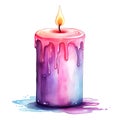 watercolor illustration multicolored burning candle isolated on white background