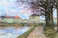 Watercolor illustration of Munich castle Nymphenburg