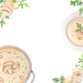 Watercolor illustration of mushroom soup. Champignons and parsley