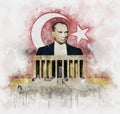 Watercolor illustration of Mustafa Kemal Ataturk behind Anitkabir