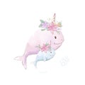 Watercolor illustration of narwhals mom and baby with delicate flowers