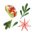 Watercolor illustration of New Year and Christmas gifts in a package, fir branches, freehand drawing of a present on a