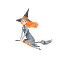 Watercolor illustration of nice red witch flying on broom Royalty Free Stock Photo