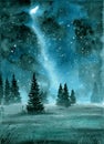 Watercolor illustration of night landscape with fir trees and grass Royalty Free Stock Photo