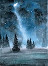 Watercolor illustration of night landscape with fir trees Royalty Free Stock Photo