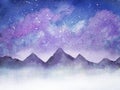 Watercolor illustration of night mountains peaks, stars in the sky, hand drawn nature illustration