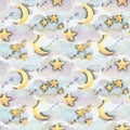 Watercolor illustration of the night sky with clouds, moon and stars. Light, airy, childlike, seamless pattern. For Royalty Free Stock Photo