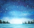 Watercolor illustration of night sky fir trees and stars, snow falling on blue sky Royalty Free Stock Photo