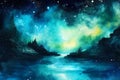 Watercolor illustration of a night sky with stars and nebula.