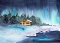 Watercolor illustration of a nighttime winter landscape with a snowy valley, a distant wooden house Royalty Free Stock Photo