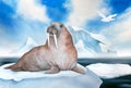 watercolor illustration of north sea landscape, white bird seagull, walrus, blue sky, floating ice floes, iceberg