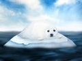 watercolor illustration of north sea landscape, seal baby pup, blue sky, floating ice floes, iceberg