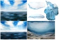 watercolor illustration of north sea landscape and underwater world, blue sky, iceberg, ice floes isolated on white Royalty Free Stock Photo