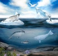 watercolor illustration of north sea landscape, underwater world, sky, iceberg, narwhal, seal, guillemot, seagulls Royalty Free Stock Photo