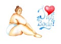 Watercolor illustration of a nude girl sitting sideways. Plus size. Body positive.