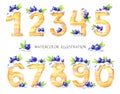 Watercolor illustration of numbers from zero to nine. Sweet tasty mathematical symbols. Set of decorative cake with Royalty Free Stock Photo