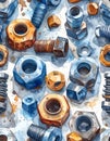 Watercolor Illustration of Nuts and Bolts Pattern Royalty Free Stock Photo