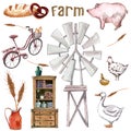 Watercolor illustration,objects of the farm,windmill,goose,chicken,pig,millet in a bowl,loaf and pretzel