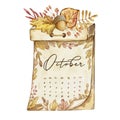 Watercolor illustration of October calendar with autumn leaves Royalty Free Stock Photo