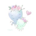 Watercolor illustration octopuses mom and baby with delicate flowers