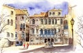 Watercolor illustration of an old and beautiful Venetian square