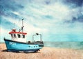 Old blue boat on a sandy beach Royalty Free Stock Photo