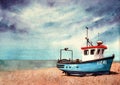 Watercolor illustration of an old blue boat on a sandy beach Royalty Free Stock Photo