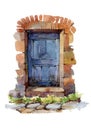 Watercolor illustration of an old blue door. Vintage wooden entrance with stone arch and steps. Isolated on white background