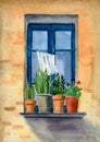 Watercolor illustration of an old blue window