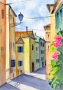 Watercolor illustration of an old city street with colorful houses Royalty Free Stock Photo