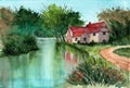 Watercolor illustration of an old cottage with a red roof