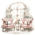 Watercolor illustration of an old country house interior . Royalty Free Stock Photo