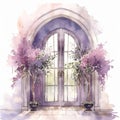 Watercolor illustration of an old door with blooming lilac