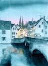 Watercolor illustration of an old European town with a bridge Royalty Free Stock Photo